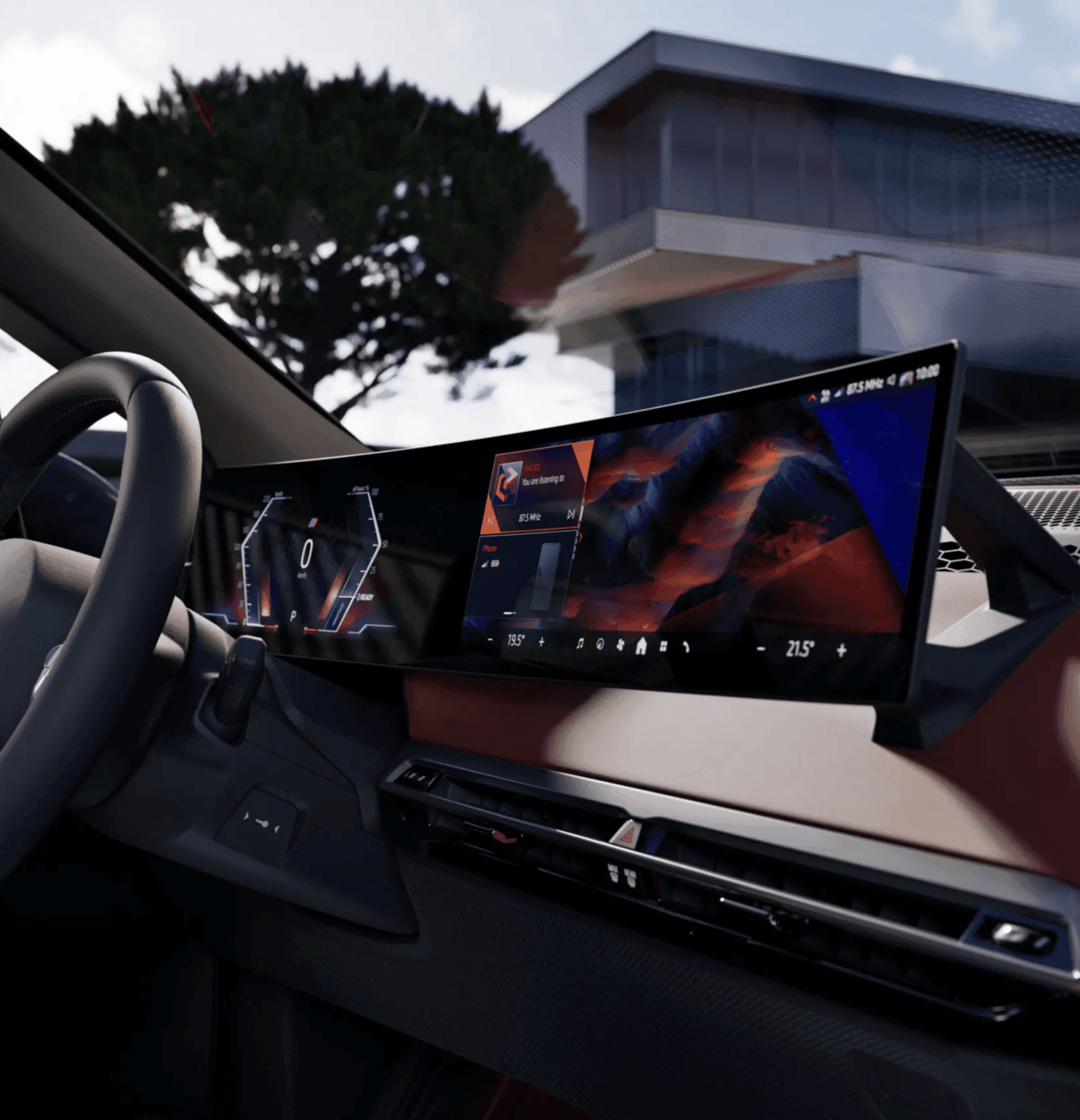 Interior view of a modern car's dashboard with a large, curved screen displaying abstract graphics and navigation.
