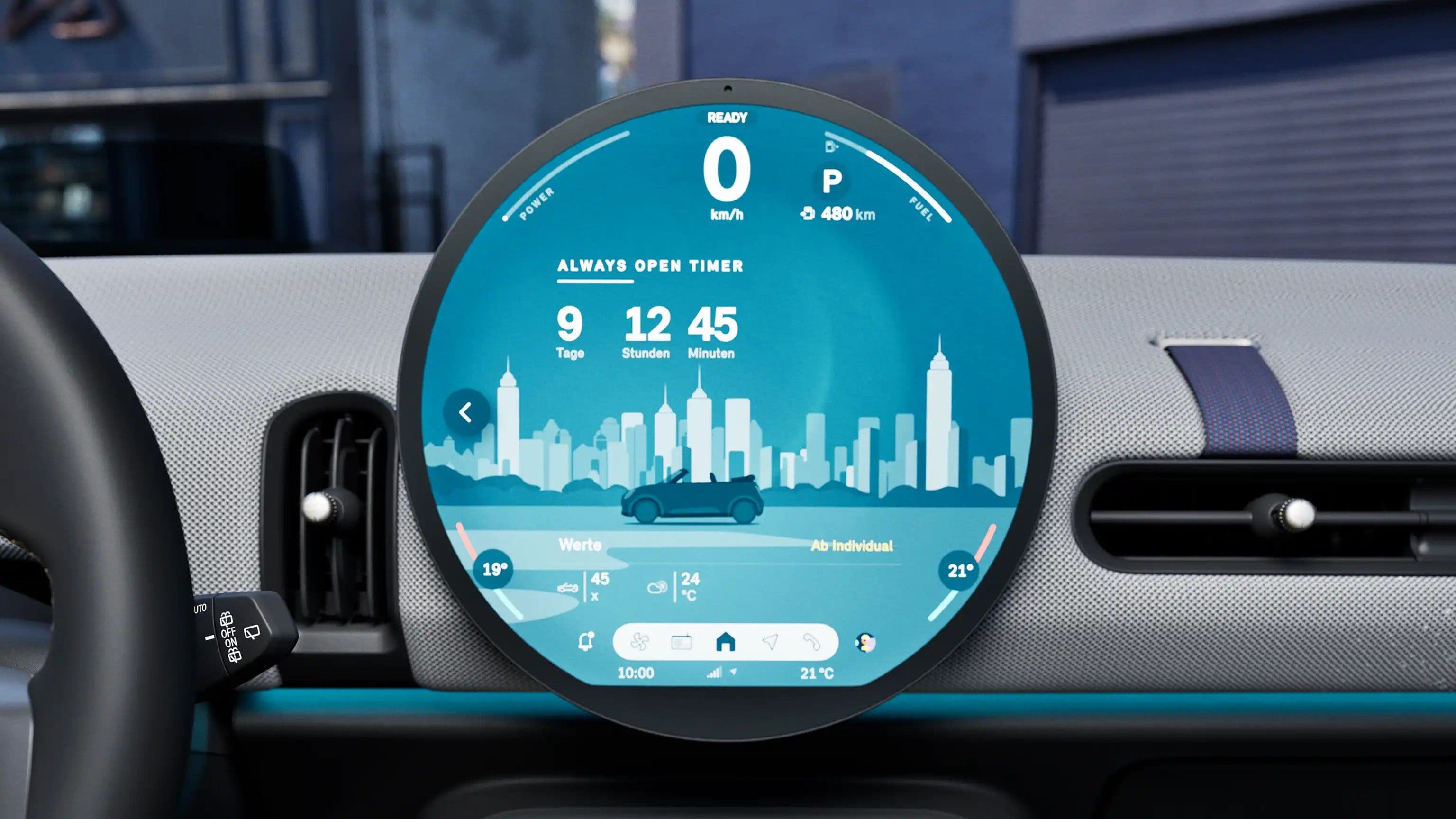 Circular dashboard screen displaying a city skyline silhouette and vehicle information.