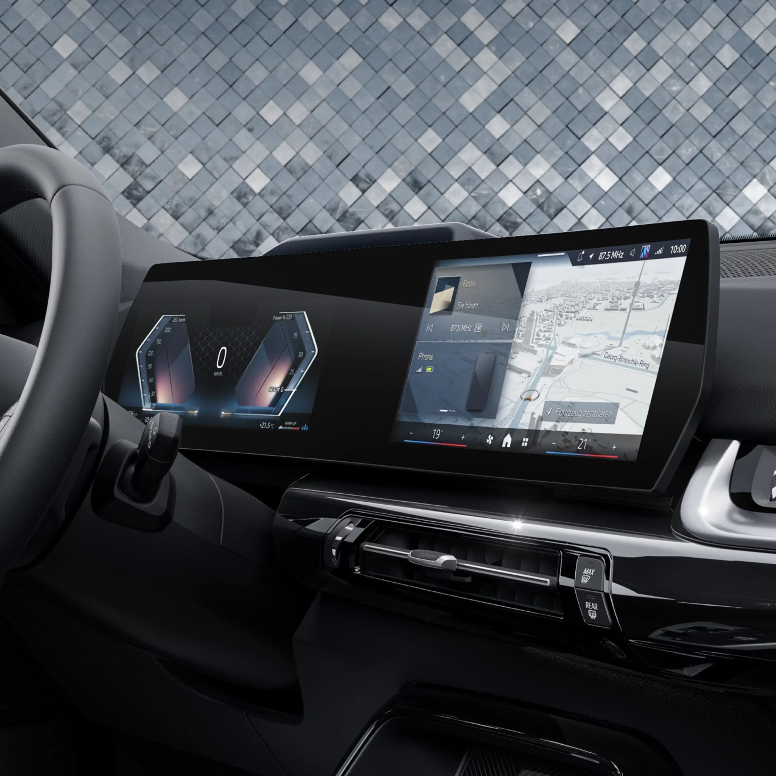 Modern car dashboard displaying a digital navigation map and driver information screens.